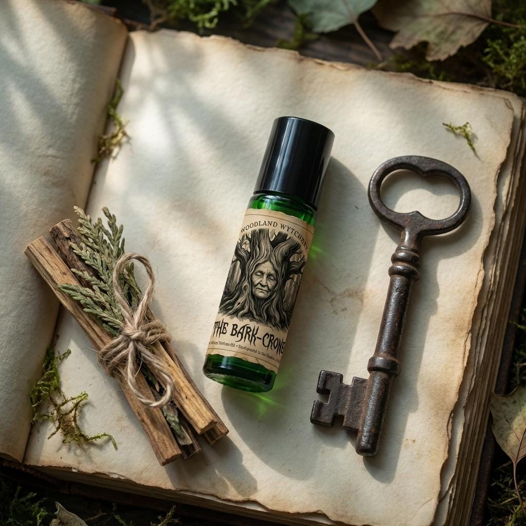 The Bark-Crone Perfume Oil | Cedarwood & Distressed Parchment | Woodland Folklore | Druid Pagan Ritual Gift | Ancient Forest Scent