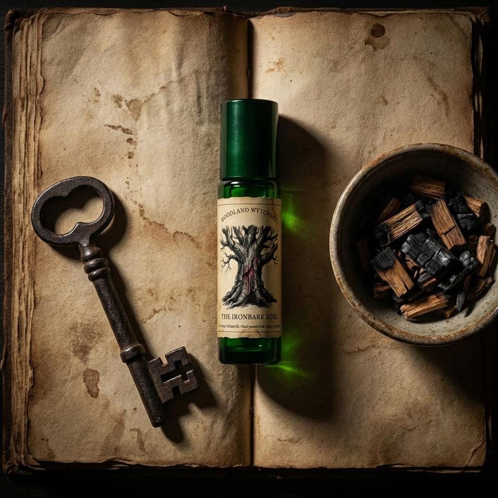 The Ironbark King Perfume Oil | Charred Wood & Red Earth | Woodland Folklore | Druid Pagan Ritual Gift | Smoky Hard Grounded Scent